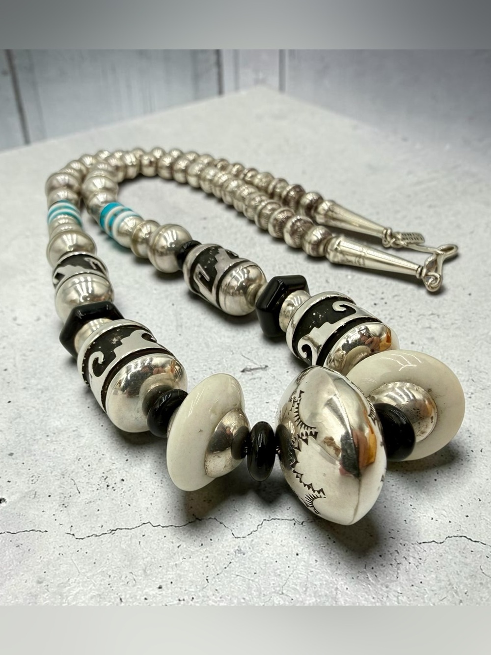 Thomas Singer Navajo Sterling Silver Turquoise Onyx MOP Bead Necklace 24” 74gram - Picture 13 of 17